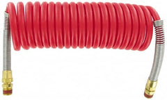 Parker - 3/8" ID, 1/2 x 1/2 Thread, 15' Long, Red SAE J844 Type B Nylon Coiled & Self Storing Hose - 150 Max psi, Parker NTA Brass Fittings - Exact Tooling