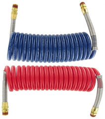Parker - 3/8" ID, 1/2 x 1/2 Thread, 15' Long, (1) Red & (1) Blue SAE J844 Type B Nylon Coiled & Self Storing Hose - 150 Max psi, Parker NTA Brass Fittings - Exact Tooling