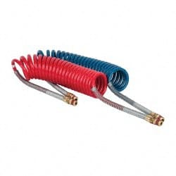 Parker - 3/8" ID, 1/2 x 1/2 Thread, 15' Long, (1) Red & (1) Blue SAE J844 Type B Nylon Coiled & Self Storing Hose - 150 Max psi, Parker NTA Brass Fittings - Exact Tooling