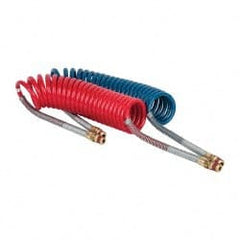 Parker - 3/8" ID, 1/2 x 1/2 Thread, 15' Long, (1) Red & (1) Blue SAE J844 Type B Nylon Coiled & Self Storing Hose - 150 Max psi, Parker NTA Brass Fittings - Exact Tooling