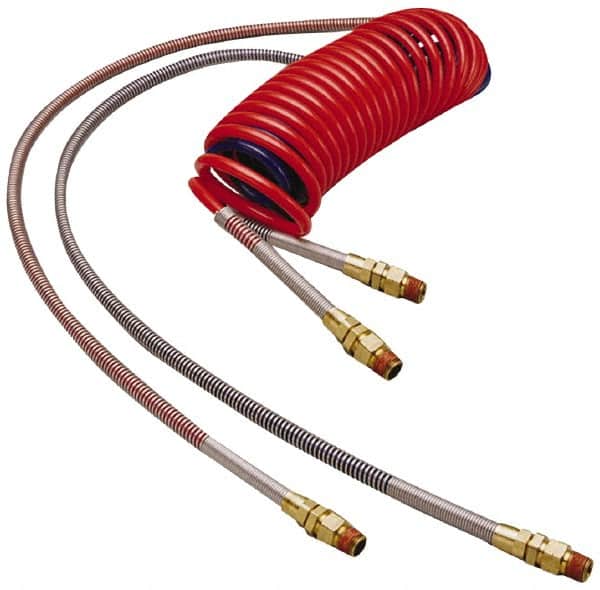 Parker - 3/8" ID, 1/2 x 1/2 Thread, 15' Long, (1) Red & (1) Blue SAE J844 Type B Nylon Coiled & Self Storing Hose - 150 Max psi, Parker NTA Brass Fittings - Exact Tooling