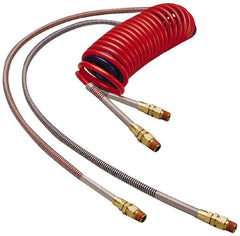 Parker - 3/8" ID, 1/2 x 1/2 Thread, 15' Long, (1) Red & (1) Blue SAE J844 Type B Nylon Coiled & Self Storing Hose - 150 Max psi, Parker NTA Brass Fittings - Exact Tooling