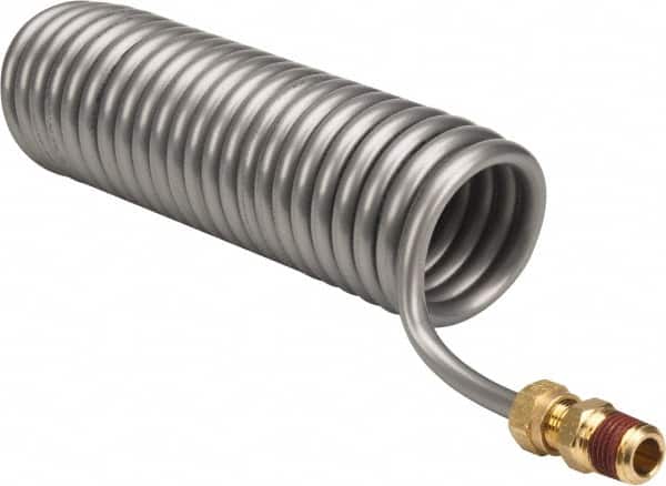 Parker - 0.17 ID, 1/4 x 1/4 Thread, 4-1/2' Long, Gray SAE J844 Type A Nylon Coiled & Self Storing Hose - 150 Max psi, Parker NTA Brass Fittings - Exact Tooling