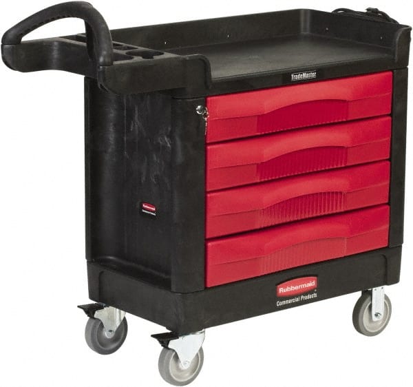 Rubbermaid - 500 Lb Capacity, 2 Shelf, 4 Drawer Mobile Workstation - 18-3/8" Wide x 40-5/8" Deep x 33-3/8" High, High-Density Structural Foam, Black/Red - Exact Tooling