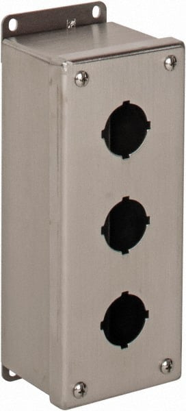 nVent Hoffman - 3 Hole, 1.2 Inch Hole Diameter, Stainless Steel Pushbutton Switch Enclosure - 9 Inch High x 3.47 Inch Wide x 2-3/4 Inch Deep, 12, 13, 4X NEMA Rated - Exact Tooling