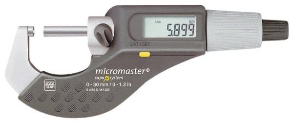 TESA Brown & Sharpe - 1 to 2 Inch Range, 0.0001 Inch Resolution, Standard Throat, IP54 Electronic Outside Micrometer - 0.0002 Inch Accuracy, Carbide Face, Data Output, Includes Plastic Case - Exact Tooling