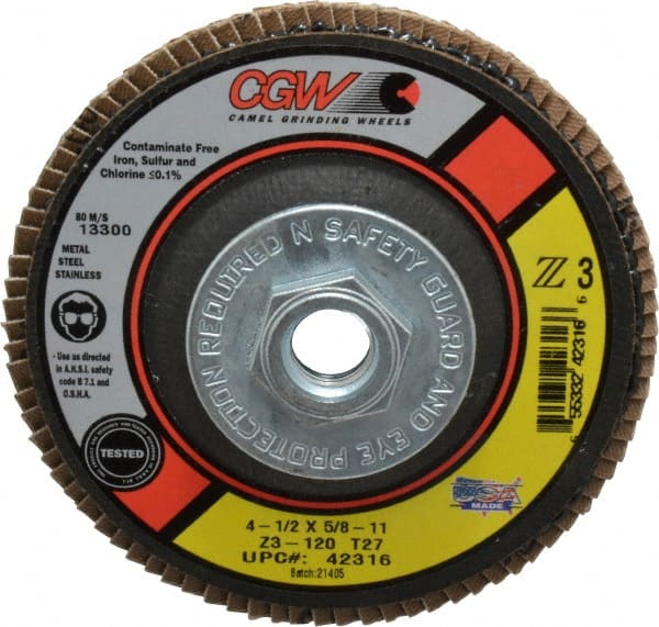 Camel Grinding Wheels - 120 Grit, 4-1/2" Disc Diam, 5/8-11 Center Hole, Type 27 Zirconia Alumina Flap Disc - 13,300 Max RPM, Poly Cotton Backing, Arbor Attaching System, Coated - Exact Tooling