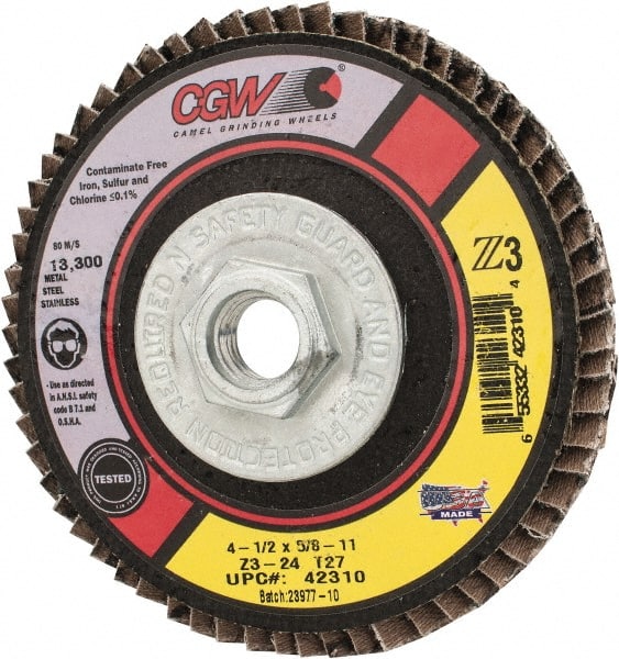 Camel Grinding Wheels - 24 Grit, 4-1/2" Disc Diam, 5/8-11 Center Hole, Type 27 Zirconia Alumina Flap Disc - 13,300 Max RPM, Poly Cotton Backing, Arbor Attaching System, Coated - Exact Tooling