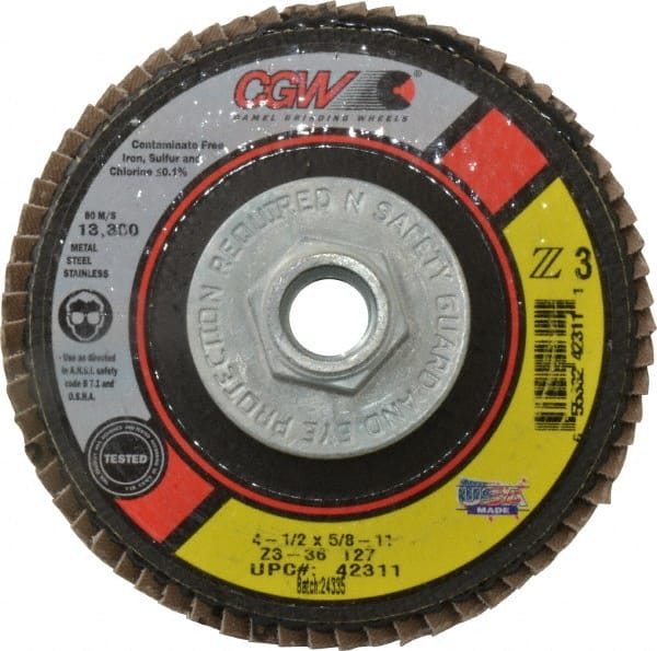 Camel Grinding Wheels - 36 Grit, 4-1/2" Disc Diam, 5/8-11 Center Hole, Type 27 Zirconia Alumina Flap Disc - 13,300 Max RPM, Poly Cotton Backing, Arbor Attaching System, Coated - Exact Tooling