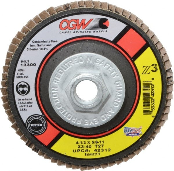 Camel Grinding Wheels - 40 Grit, 4-1/2" Disc Diam, 5/8-11 Center Hole, Type 27 Zirconia Alumina Flap Disc - 13,300 Max RPM, Poly Cotton Backing, Arbor Attaching System, Coated - Exact Tooling