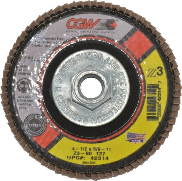 Camel Grinding Wheels - 60 Grit, 4-1/2" Disc Diam, 5/8-11 Center Hole, Type 27 Zirconia Alumina Flap Disc - 13,300 Max RPM, Poly Cotton Backing, Arbor Attaching System, Coated - Exact Tooling