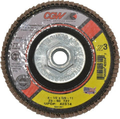 Camel Grinding Wheels - 60 Grit, 4-1/2" Disc Diam, 5/8-11 Center Hole, Type 27 Zirconia Alumina Flap Disc - 13,300 Max RPM, Poly Cotton Backing, Arbor Attaching System, Coated - Exact Tooling