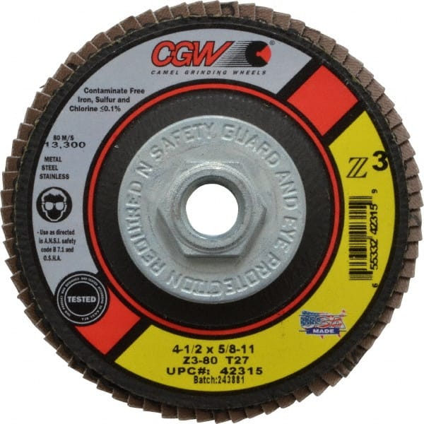 Camel Grinding Wheels - 80 Grit, 4-1/2" Disc Diam, 5/8-11 Center Hole, Type 27 Zirconia Alumina Flap Disc - 13,300 Max RPM, Poly Cotton Backing, Arbor Attaching System, Coated - Exact Tooling