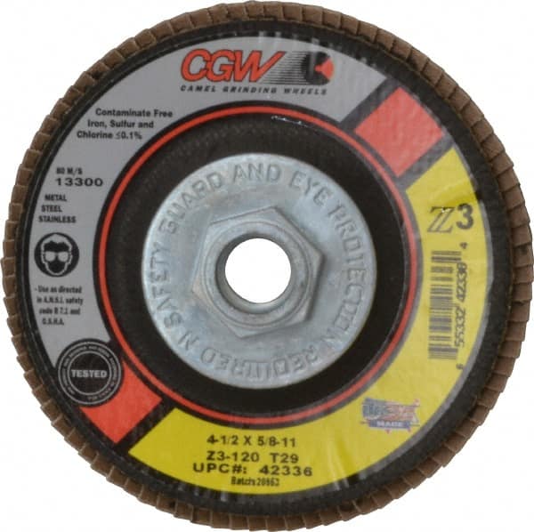 Camel Grinding Wheels - 120 Grit, 4-1/2" Disc Diam, 5/8-11 Center Hole, Type 29 Zirconia Alumina Flap Disc - 13,300 Max RPM, Poly Cotton Backing, Arbor Attaching System, Coated - Exact Tooling