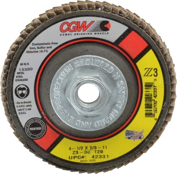 Camel Grinding Wheels - 36 Grit, 4-1/2" Disc Diam, 5/8-11 Center Hole, Type 29 Zirconia Alumina Flap Disc - 13,300 Max RPM, Poly Cotton Backing, Arbor Attaching System, Coated - Exact Tooling