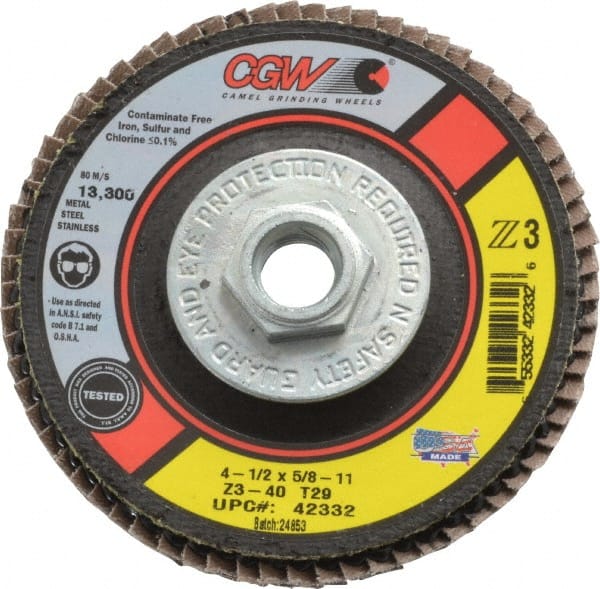 Camel Grinding Wheels - 40 Grit, 4-1/2" Disc Diam, 5/8-11 Center Hole, Type 29 Zirconia Alumina Flap Disc - 13,300 Max RPM, Poly Cotton Backing, Arbor Attaching System, Coated - Exact Tooling