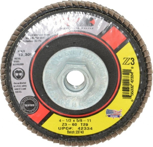 Camel Grinding Wheels - 60 Grit, 4-1/2" Disc Diam, 5/8-11 Center Hole, Type 29 Zirconia Alumina Flap Disc - 13,300 Max RPM, Poly Cotton Backing, Arbor Attaching System, Coated - Exact Tooling
