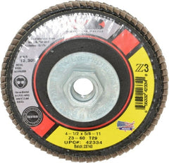 Camel Grinding Wheels - 60 Grit, 4-1/2" Disc Diam, 5/8-11 Center Hole, Type 29 Zirconia Alumina Flap Disc - 13,300 Max RPM, Poly Cotton Backing, Arbor Attaching System, Coated - Exact Tooling