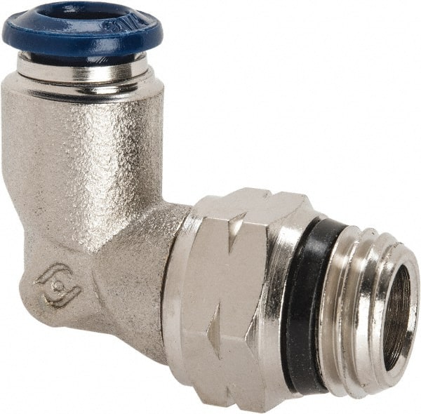 Alpha Technologies - 1/4" Outside Diam, 1/4 Universal Thread, Nickel Plated Brass Push-to-Connect Male Swivel Elbow - 250 Max psi, Tube to Universal Thread Connection, Buna O-Ring - Exact Tooling