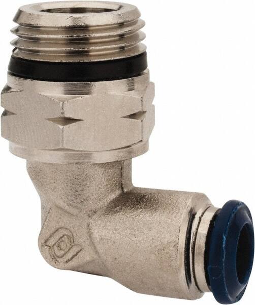 Alpha Technologies - 1/4" Outside Diam, 3/8 Universal Thread, Nickel Plated Brass Push-to-Connect Male Swivel Elbow - 250 Max psi, Tube to Universal Thread Connection, Buna O-Ring - Exact Tooling