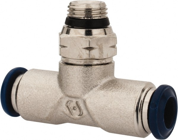 Alpha Technologies - 1/4" Outside Diam, 1/8 Universal Thread, Nickel Plated Brass Push-to-Connect Male Swivel Branch Tee - 250 Max psi, Tube to Universal Thread Connection, Buna O-Ring - Exact Tooling