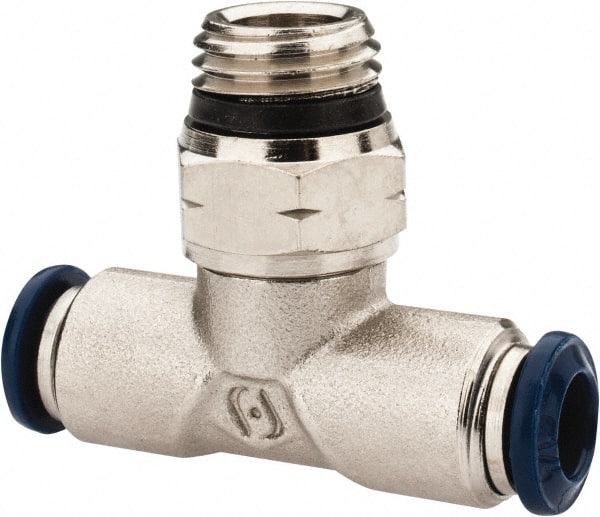 Alpha Technologies - 1/4" Outside Diam, 1/4 Universal Thread, Nickel Plated Brass Push-to-Connect Male Swivel Branch Tee - 250 Max psi, Tube to Universal Thread Connection, Buna O-Ring - Exact Tooling