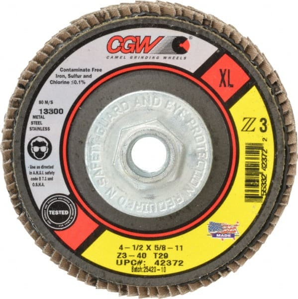 Camel Grinding Wheels - 40 Grit, 4-1/2" Disc Diam, 5/8-11 Center Hole, Type 29 Zirconia Alumina Flap Disc - 13,300 Max RPM, Poly Cotton Backing, Arbor Attaching System, Coated - Exact Tooling