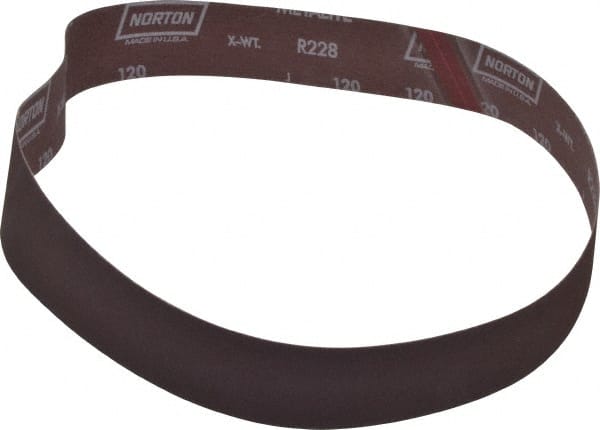 Norton - 2" Wide x 42" OAL, 120 Grit, Aluminum Oxide Abrasive Belt - Aluminum Oxide, Fine, Coated, Series R228 - Exact Tooling