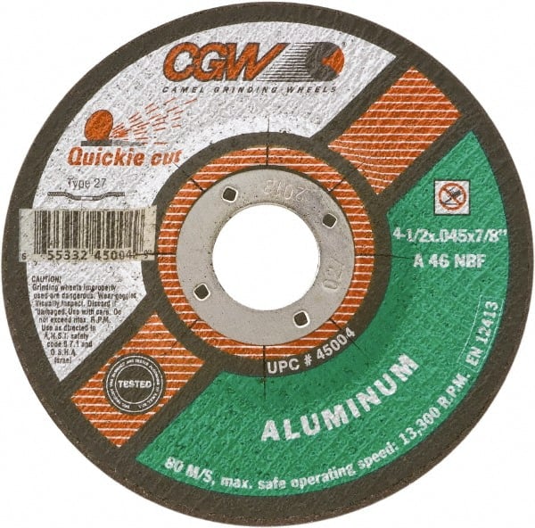 Camel Grinding Wheels - 46 Grit, 4-1/2" Wheel Diam, Type 27 Depressed Center Wheel - Medium Grade, Aluminum Oxide, Resinoid Bond, N Hardness, 13,300 Max RPM - Exact Tooling
