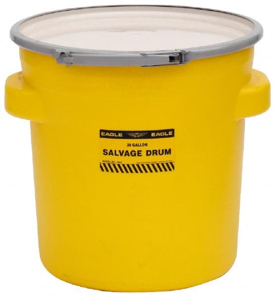 Eagle - 20 Gallon Capacity, Metal Lever Lock, Yellow Salvage Drum - 5 Gallon Container, 165 Lb. Capacity, Polyethylene, UN 1H2/X75/S Listing - Exact Tooling