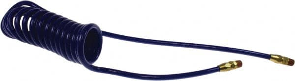 Coilhose Pneumatics - 1/4" ID, 1/4 Thread, 15' Long, Blue Polyurethane Coiled & Self Storing Hose - 125 Max psi, Male Swivel x Male Swivel - Exact Tooling