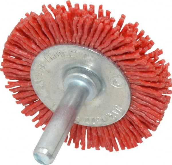 Value Collection - 2" OD, 1/4" Shank Diam, Crimped Nylon Wheel Brush - 1/4" Face Width, 5/16" Trim Length, 4,500 RPM - Exact Tooling