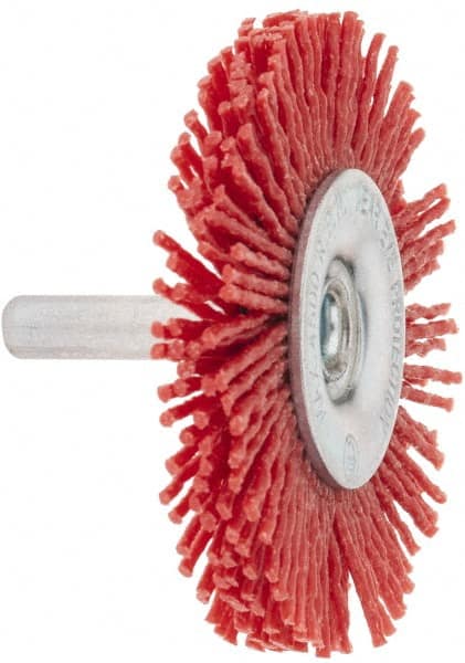Value Collection - 2-3/8" OD, 1/4" Shank Diam, Crimped Nylon Wheel Brush - 1/4" Face Width, 5/16" Trim Length, 4,500 RPM - Exact Tooling
