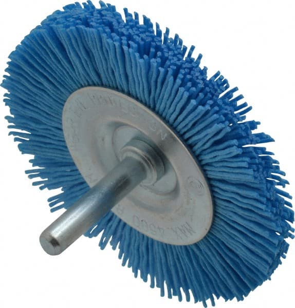 Value Collection - 3" OD, 1/4" Shank Diam, Crimped Nylon Wheel Brush - 1/4" Face Width, 5/16" Trim Length, 4,500 RPM - Exact Tooling
