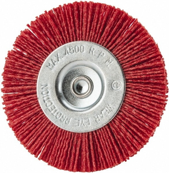 Value Collection - 4" OD, 1/4" Shank Diam, Crimped Nylon Wheel Brush - 1/4" Face Width, 5/16" Trim Length, 4,500 RPM - Exact Tooling