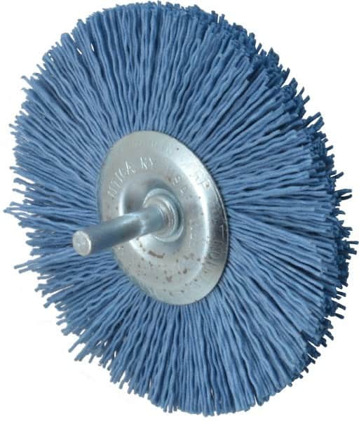 Value Collection - 4" OD, 1/4" Shank Diam, Crimped Nylon Wheel Brush - 1/4" Face Width, 5/16" Trim Length, 4,500 RPM - Exact Tooling