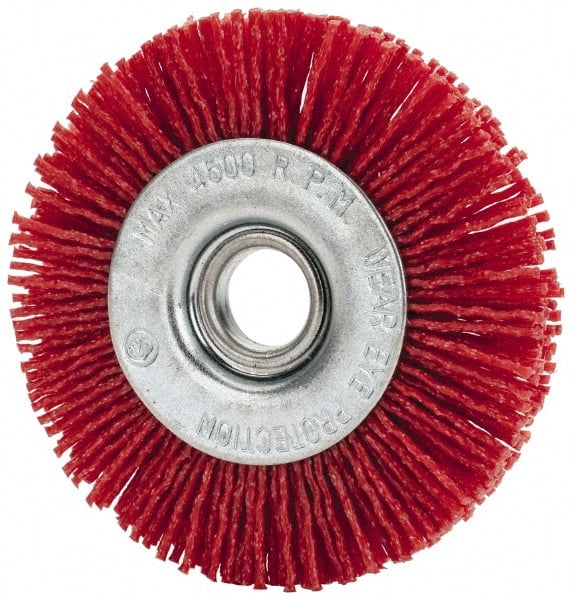 Value Collection - 3" OD, 1/2" Shank Diam, 1/2" Arbor Hole, Crimped Nylon Wheel Brush - 3/8" Face Width, 5/16" Trim Length, 4,500 RPM - Exact Tooling