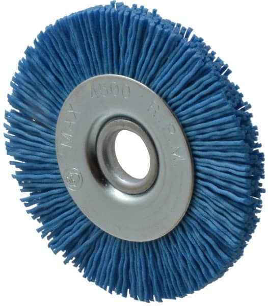 Value Collection - 3" OD, 1/2" Shank Diam, 1/2" Arbor Hole, Crimped Nylon Wheel Brush - 3/8" Face Width, 5/16" Trim Length, 4,500 RPM - Exact Tooling