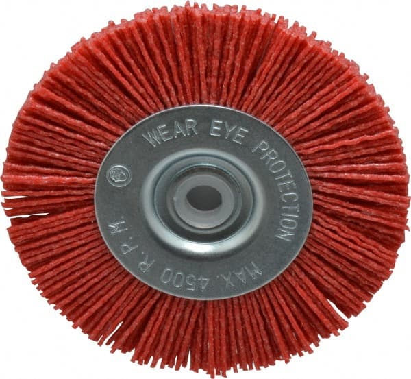 Value Collection - 4" OD, 1/2" Shank Diam, 1/2" Arbor Hole, Crimped Nylon Wheel Brush - 1/2" Face Width, 5/16" Trim Length, 4,500 RPM - Exact Tooling
