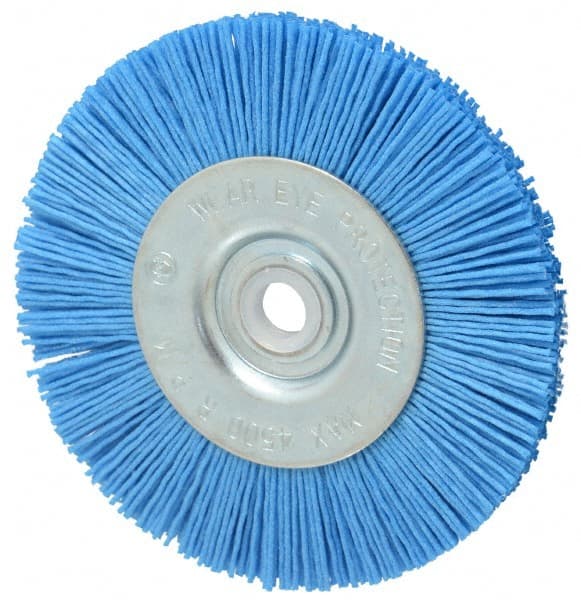 Value Collection - 4" OD, 1/2" Shank Diam, 1/2" Arbor Hole, Crimped Nylon Wheel Brush - 1/2" Face Width, 5/16" Trim Length, 4,500 RPM - Exact Tooling