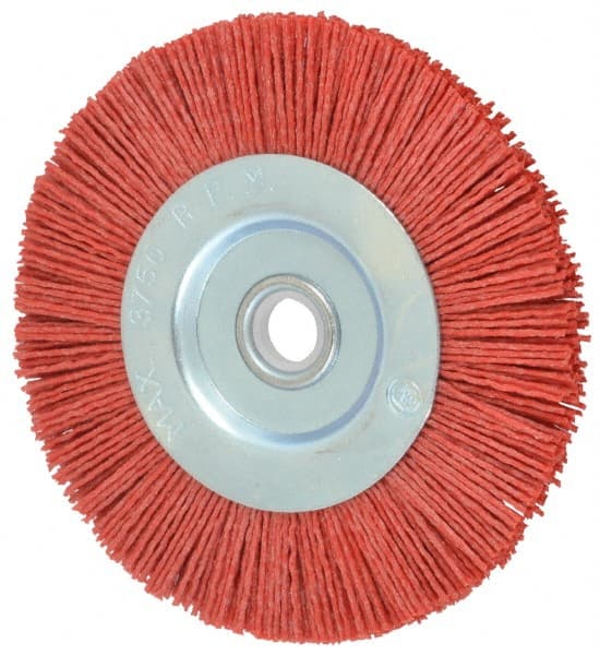 Value Collection - 5" OD, 5/8" Shank Diam, 5/8" Arbor Hole, Crimped Nylon Wheel Brush - 5/16" Face Width, 5/16" Trim Length, 3,750 RPM - Exact Tooling