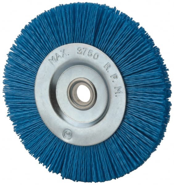 Value Collection - 5" OD, 5/8" Shank Diam, 5/8" Arbor Hole, Crimped Nylon Wheel Brush - 5/16" Face Width, 5/16" Trim Length, 3,750 RPM - Exact Tooling