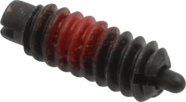 Jergens - 6-32, 3/8" Thread Length, 1/16" Plunger Projection, Steel Threaded Spring Plunger - 0.046" Max Plunger Diam, 3/8" Plunger Length, 0.5 Lb Init End Force, 3.5 Lb Final End Force - Exact Tooling