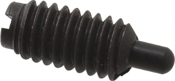 Jergens - 5/16-18, 5/8" Thread Length, 3/16" Plunger Projection, Steel Threaded Spring Plunger - 0.135" Max Plunger Diam, 5/8" Plunger Length, 0.5 Lb Init End Force, 10 Lb Final End Force - Exact Tooling
