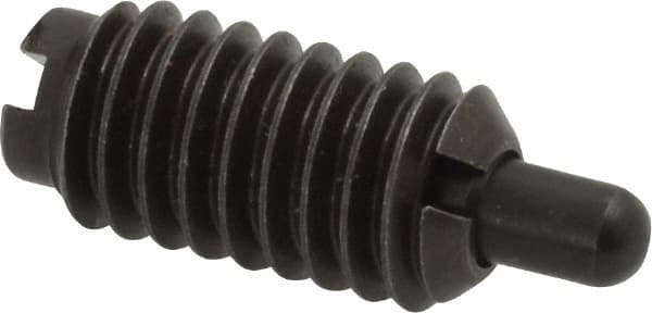 Jergens - 5/16-18, 5/8" Thread Length, 3/16" Plunger Projection, Steel Threaded Spring Plunger - 0.135" Max Plunger Diam, 5/8" Plunger Length, 0.5 Lb Init End Force, 10 Lb Final End Force - Exact Tooling