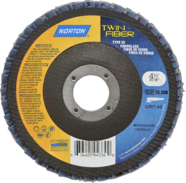 Norton - 40 Grit, 4-1/2" Disc Diam, 7/8" Center Hole, Type 29 Ceramic Flap Disc - 13,000 Max RPM, Fiberglass Backing, Arbor Attaching System, Coated - Exact Tooling