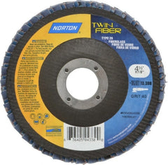 Norton - 40 Grit, 4-1/2" Disc Diam, 7/8" Center Hole, Type 29 Ceramic Flap Disc - 13,000 Max RPM, Fiberglass Backing, Arbor Attaching System, Coated - Exact Tooling