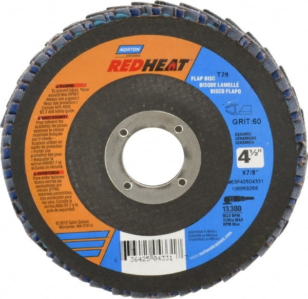 Norton - 60 Grit, 4-1/2" Disc Diam, 7/8" Center Hole, Type 29 Ceramic Flap Disc - 13,000 Max RPM, Fiberglass Backing, Arbor Attaching System, Coated - Exact Tooling