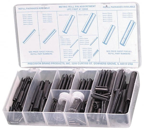 Precision Brand - 287 Piece, 1.5 to 10mm Pin Diam, Spring Pin Assortment - 1.5 to 80mm Long, Steel - Exact Tooling