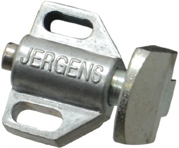 Jergens - 15/16" Body Width x 11/16" Body Len, 1/8" Stroke Len, 21/32" Btw Mt Hole Ctrs, Tang Square Spring Locating Stop - 10 Lb Mid End Force, 5/8" Stop Head Width x 7/8" Stop Head Height - Exact Tooling